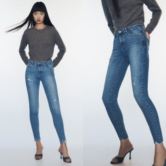 Zara Denim - Zara Trafaluc Denimwear Distressed Medium Wash Mid Rise Skinny Jeans Size 6
